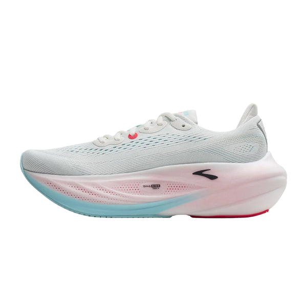 White Brooks Glycerin Max 3 løbesko med en tyk mellemsål i farveovergang og lyseblåt mønster.