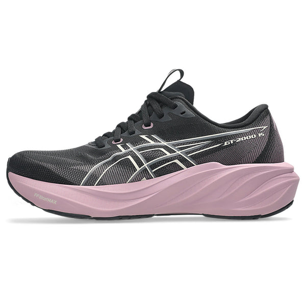 ASICS GT-2000 15 i sort/taro-lilla er en stabilitetssko, der er designet til at give optimal støtte. Denne løbesko til kvinder har en sort og grå overdel med hvide detaljer, en tyk lyserød sål og det karakteristiske ASICS-logo på siden samt et snøredesign.