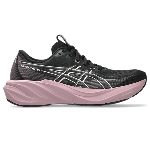 En sort Asics GT-2000 15 dame-løbesko i farvekombinationen Black/Taro Purple med hvide og sølvfarvede detaljer, en lyserød mellemsål af skum og en sort ydersål. Denne stabilitetssko er fremstillet af mesh-materiale og har snørelukning; her ses den i sideprofil mod en hvid baggrund.