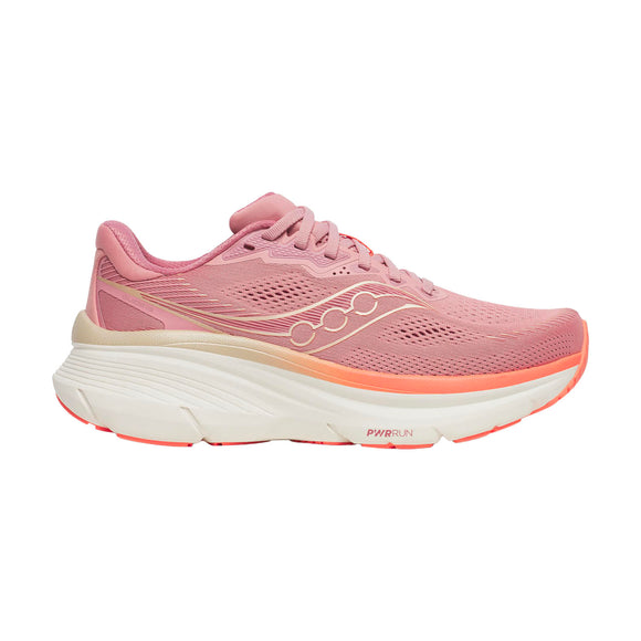 Et par lilla/laksefarvede Saucony Guide 19-løbesko til kvinder med hvid og lysorange sål, overdel i mesh og diskret logo på siden, fotograferet på hvid baggrund.