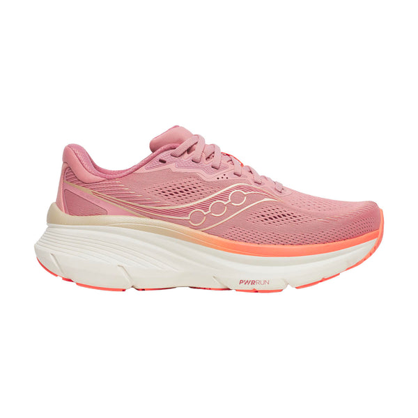 Et par lilla/laksefarvede Saucony Guide 19-løbesko til kvinder med hvid og lysorange sål, overdel i mesh og diskret logo på siden, fotograferet på hvid baggrund.
