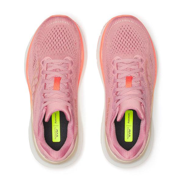 Et par Saucony Guide 19-løbesko til kvinder i farven mauve/laks set ovenfra, med hvide såler, laksefarvede detaljer på tungen og kontrastfarvede indlægssåler med sorte hælpartier for optimal komfort.