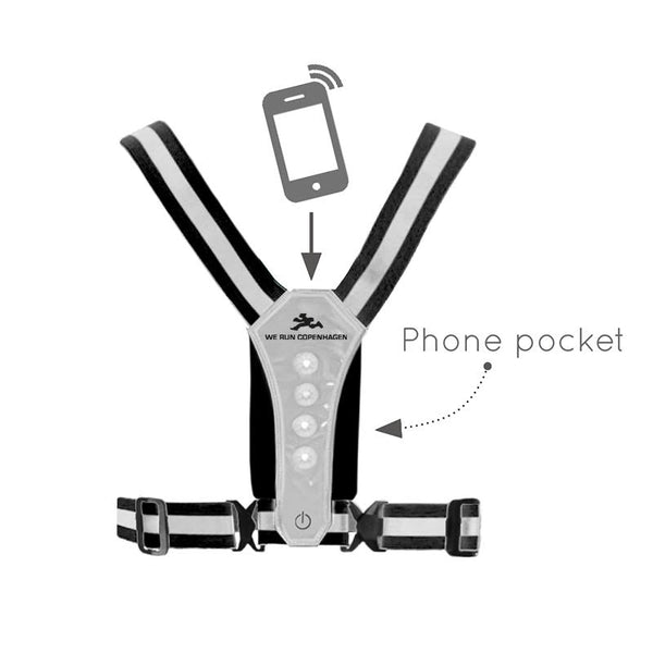 BeeSafe LED Harness USB Phone Pocket, Unisex, Silver har 360° reflekser, et LED-lyspanel foran, justerbare spænder og en mærket telefonlomme - ideel til sikre natteløb. En illustration viser en telefon med signalmærker, der peger mod vesten.