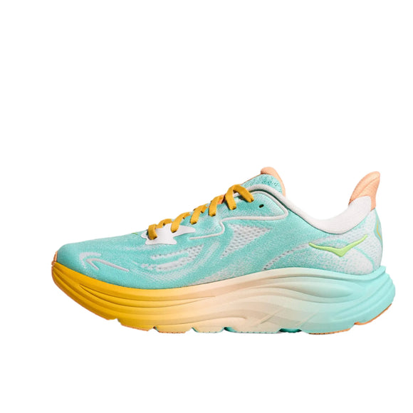 Hoka Clifton 10 Herre i Blue Spark/White tilbyder letvægtskomfort med en tyk, gradueret sål, der fader fra gul til blågrøn, gule snørebånd og hvide og pastelorange accenter.