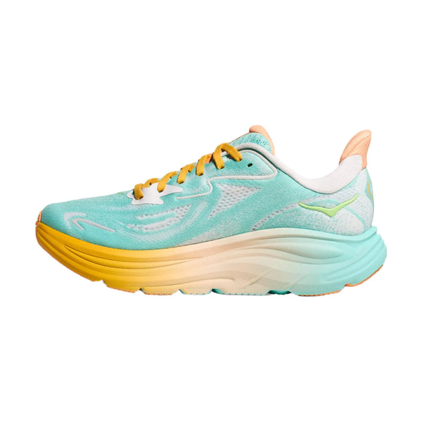 Hoka Clifton 10 Herre i Blue Spark/White tilbyder letvægtskomfort med en tyk, gradueret sål, der fader fra gul til blågrøn, gule snørebånd og hvide og pastelorange accenter.