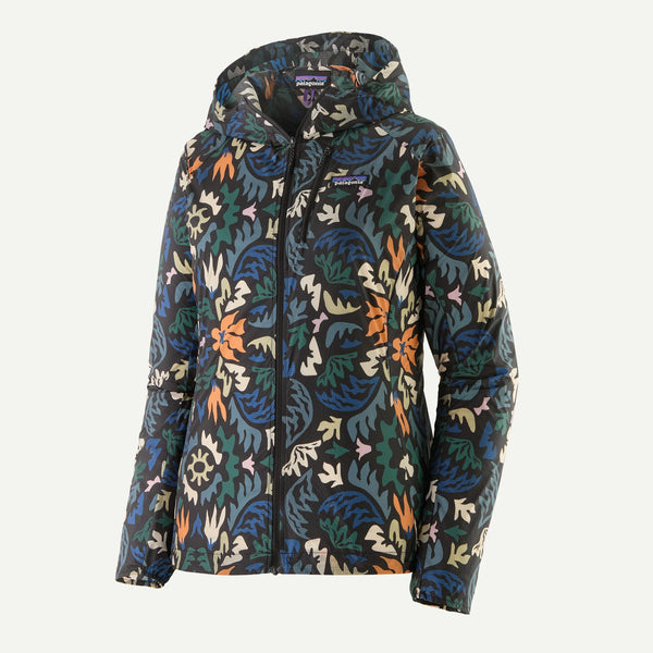 Patagonia Houdini Jacket, Dame, Kaleido: Sort har lynlås foran, hætte og et flerfarvet abstrakt blad- og blomstermønster. Fremstillet af genbrugsnylon med Patagonia-logo på brystet.