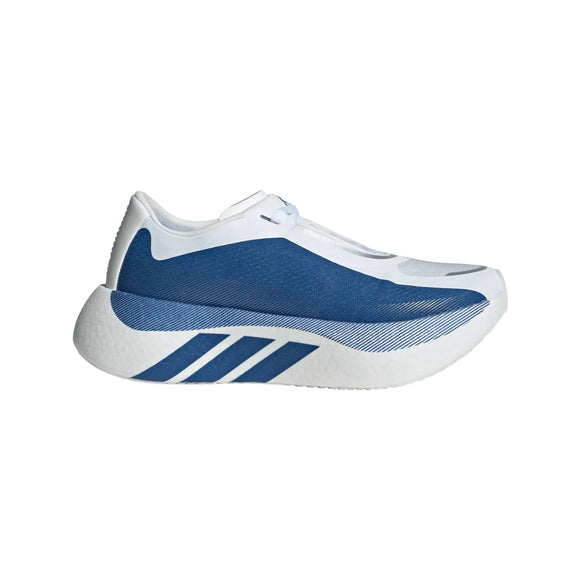 Adidas Hyperboost Edge Dame i Cloud White/Equipment Blue/Zero Metalic har en tyk hvid sål og tre blå striber - ideel til komfortfokuseret landevejsløb.