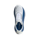 Et topbillede af Adidas Hyperboost Edge Dame landevejsløbesko i Cloud White/Equipment Blue/Zero Metalic viser hvide snørebånd, en åndbar mesh-tå og HYPER80 på indersålen mod en almindelig hvid baggrund.