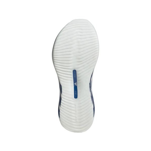 Billedet viser undersiden af sålen på Adidas Hyperboost Edge Dame i Cloud White/Equipment Blue/Zero Metalic med fine vandrette riller og en blå rektangulær indsats med tekst i midten på en almindelig hvid baggrund.