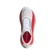 Set ovenfra viser Adidas Hyperboost Edge Dame i Cloud White/Pure Ruby/Zero Metalic hvide snørebånd, en tåboks i mesh for komfort, en rød yderkant, hvid sål og "HYPERBO"-tekst på indersålen - perfekt til stilfuldt landevejsløb.