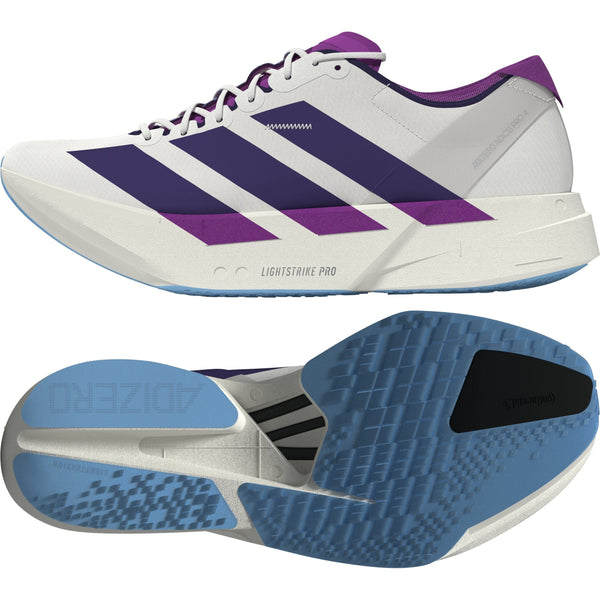 Side- og bundbillede af Adidas Adizero Adios Pro 4 Dame løbesko i Cwhite/Cpurpl/Seblbu med lilla striber, LIGHTSTRIKE PRO mærke og lyseblå sål med tekstureret grip-ideel som maratonløbesko.