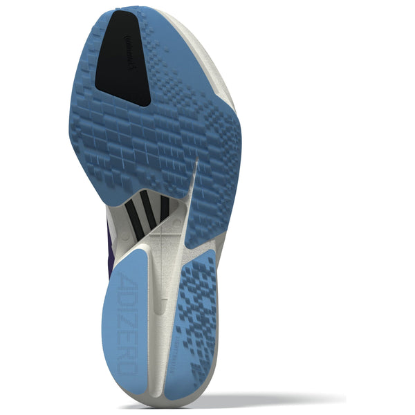 Billedet viser den lyseblå og hvide sål på Adidas Adizero Adios Pro 4 Dame (Cwhite/Cpurpl/Seblbu) med strukturerede grebsmønstre og en sort gummihæl - perfekt løbesko til maraton.