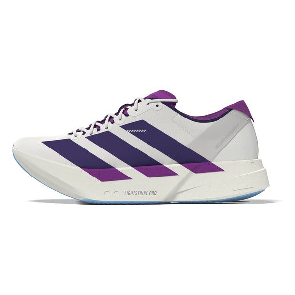 Adidas Adizero Adios Pro 4 løbesko til dame har et hvidt design med dristige lilla striber, lilla hæl og snørebånd, en tyk Lightstrike Pro-mellemsål og en lyseblå ydersål - perfekt til maratonpræstation.