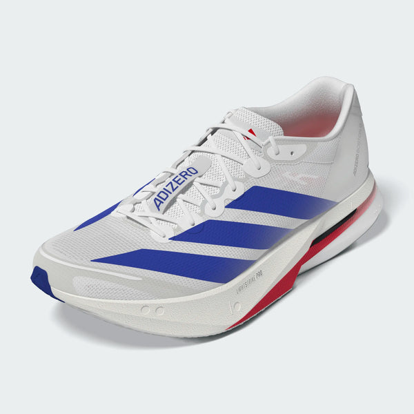 Adidas Adizero Boston 13 Dame løbesko i hvid (Ftwwht/Royblu/Dshgry) har blå og røde detaljer, ADIZERO på tungen, blå diagonale striber samt en let LIGHTSTRIKE mellemsål for optimal ydeevne.