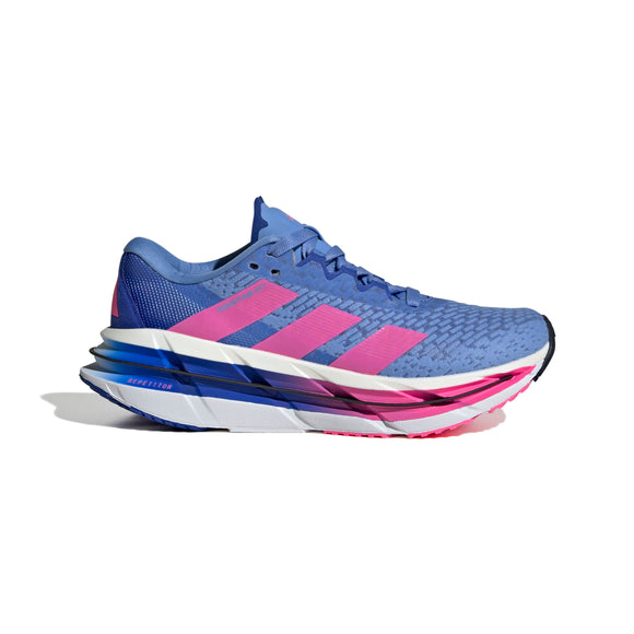 Adidas Adistar Byd løbesko dame i Blufus/Lucpnk/Lucblu har pink og lilla accenter, tre pink sidestriber, en polstret sål med blå-pink gradienter og en tekstureret overdel for forbedret komfort.
