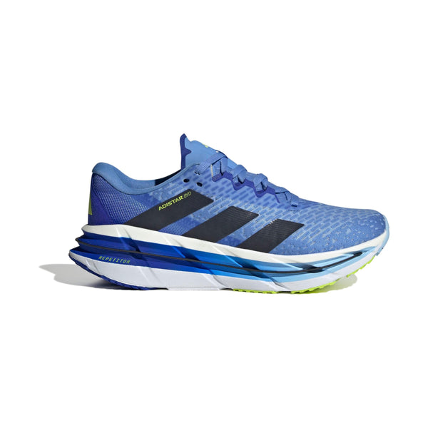 Adidas Adistar Byd løbesko herre i Blufus/Legink/Sslime har energireturnering for komfort og stabilitet, en støddæmpende sål og overdel i mesh. Vist med sideprofil på hvid.