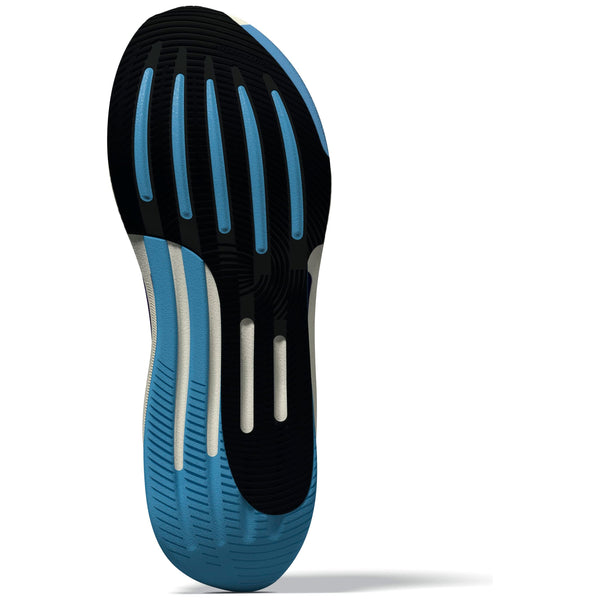 Billedet viser bunden af Adidas Supernova Prima 2 Dame-sålen i Cwhite/Cpurpl/Seblbu, der har et geometrisk sort, blåt og hvidt mønster med vandrette og lodrette riller for greb, stabilitet og komfort.