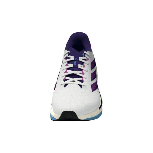 Adidas Supernova Prima 2 Dame løbesko, vist forfra i Cwhite/Cpurpl/Seblbu, har sorte striber, en blå og hvid sål, hvide snørebånd, stabilitetsløb og en lilla indvendig foring for ekstra komfort.
