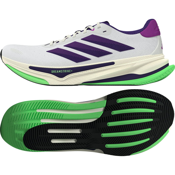 Adidas Supernova Prima 2 til mænd i Cwhite/Cpurpl/Limbur har lilla striber, en tyk hvid mellemsål for komfort og stødabsorbering, en slank topprofil og en holdbar slidbane, der er synlig fra bunden.