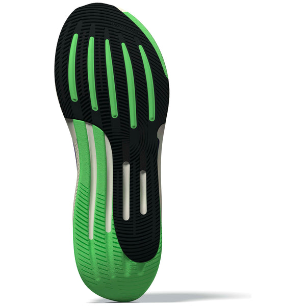 Billedet viser sålen på Adidas Supernova Prima 2 løbesko (Herre, Cwhite/Cpurpl/Limbur) med et sort og grønt mønster, vandrette og buede riller til trækkraft, fleksibilitet og stødabsorbering. Sålen vender opad.