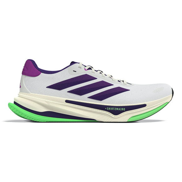 Adidas Supernova Prima 2 løbesko til herrer har et hvidt design med tre lilla striber, lilla hæl og krave, støddæmpende sort Dreamstrike-mellemsål samt ydersål med lysegrønne og mørkeblå sektioner for optimal komfort.