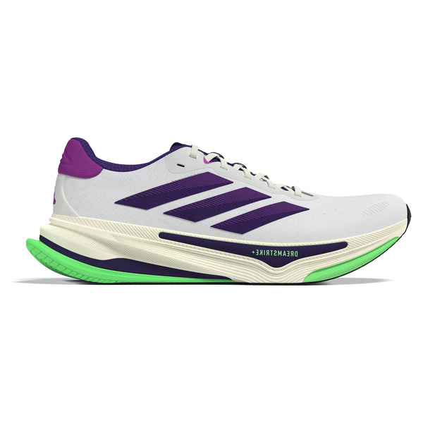 Adidas Supernova Prima 2 løbesko til herrer har et hvidt design med tre lilla striber, lilla hæl og krave, støddæmpende sort Dreamstrike-mellemsål samt ydersål med lysegrønne og mørkeblå sektioner for optimal komfort.
