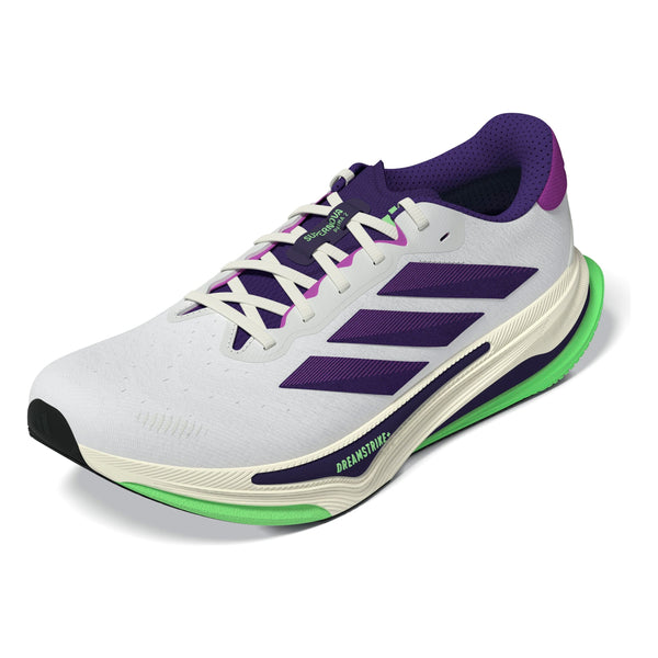 Adidas Supernova Prima 2 til mænd i Cwhite/Cpurpl/Limbur har en hvid bund med lilla striber, grønne og lilla detaljer, mørklilla snørebånd og en forhøjet sål med Dreamstrike+ for komfort og stødabsorbering.