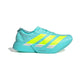Adidas Adizero Adios Pro 4 Herre løbesko i Flaaqu/Luclem/Minton har neongule og hvide striber, Lightstrike Pro på sålen og er ideel til maratonløb - her vist på en hvid baggrund.