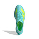 En turkis Adidas Adizero Adios Pro 4 Herre løbesko (Flaaqu/Luclem/Minton) med gule detaljer er vist ovenfra på en hvid baggrund. "ADIZERO" vises på indersålen med en venstre skygge - perfekt til maratonløbere.