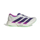 Adidas Adizero Adios Pro 4 til mænd i Cwhite/Cpurpl/Limbur er en letvægtsløbesko med en tyk sål, tre kraftige lilla striber, lilla og grønne detaljer og "LIGHTSTRIKE PRO" på siden - ideel til løb.