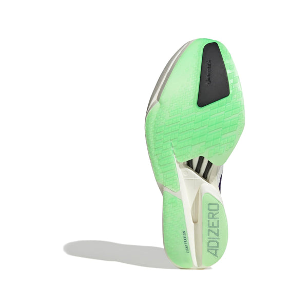 Billedet viser sålen på Adidas Adizero Adios Pro 4, Herre (Cwhite/Cpurpl/Limbur), med en grøn og hvid gummiydersål, gitterlignende greb, ADIZERO branding og "Continental" markeret nær tåen.