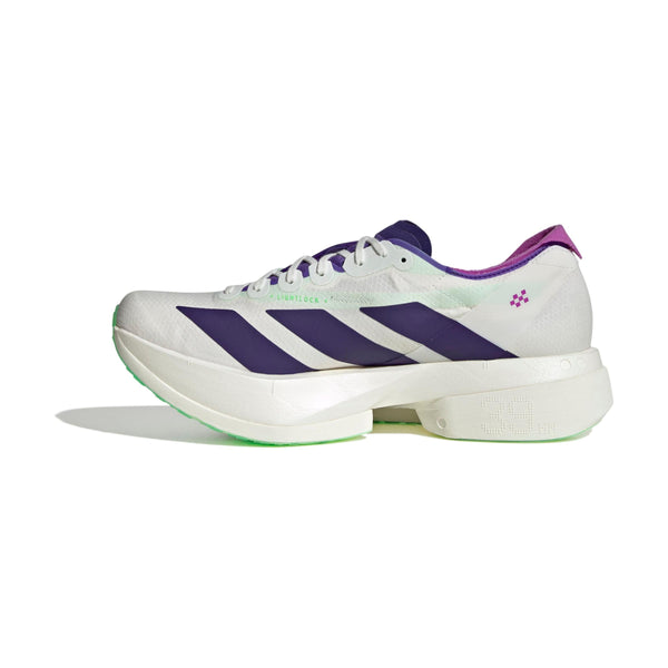 Adidas Adizero Adios Pro 4 Herre i Cwhite/Cpurpl/Limbur er en hvid løbesko med lilla striber, grønne detaljer på sålen og et strejf af lilla ved hælen - en avanceret løbesko af kulfiber, som giver en god løbepræstation.