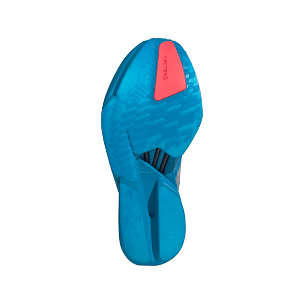 Billedet viser den blå sål på Adidas Adizero Adios Pro 4, Dame, Solblu/Silvmt/Lucred løbesko med et struktureret greb og en rød Continental-sektion, der fremhæver den holdbare Lightstrike Pro-skum-teknologi.