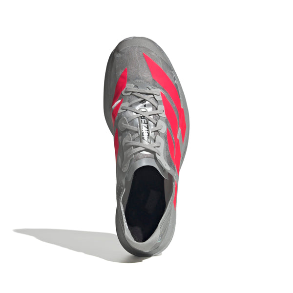 Et topbillede af Adidas Pro Evo 2 unisex racingsko i Silver Metallic/Lucid Red/Grey Two med røde detaljer og LIGHTSTRIKE PRO-mellemmål vises på en hvid baggrund med en skygge til venstre.