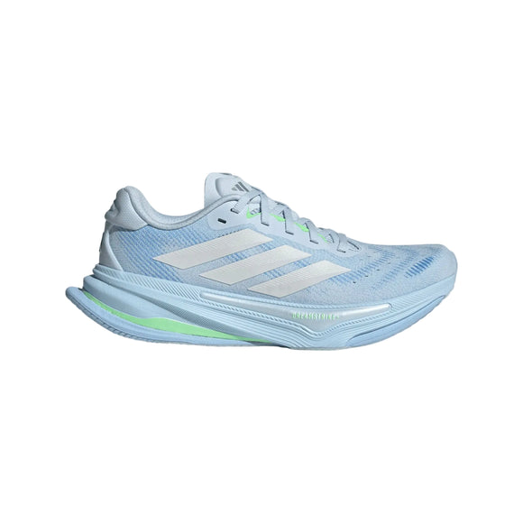 Adidas Supernova Prima 2 Dame i crsk/crywht/limbur har en åndbar mesh-overdel, ikoniske hvide striber, lysegrønne detaljer ved sålen og en tyk DREAMSTRIKE+ støddæmpende sål for overlegen komfort. Vist på en almindelig hvid baggrund.