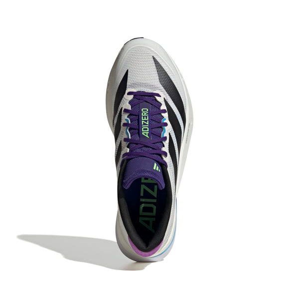 Et topbillede af Adidas Adizero Boston 13 løbesko herre i Cwhite/Cblack/Limbur med sorte striber, lilla snørebånd og ADIZERO på tungen, med Lightstrike Pro-støddæmpning på en almindelig hvid baggrund med en skygge til venstre.