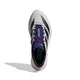 Et topbillede af Adidas Adizero Boston 13 løbesko herre i Cwhite/Cblack/Limbur med sorte striber, lilla snørebånd og ADIZERO på tungen, med Lightstrike Pro-støddæmpning på en almindelig hvid baggrund med en skygge til venstre.