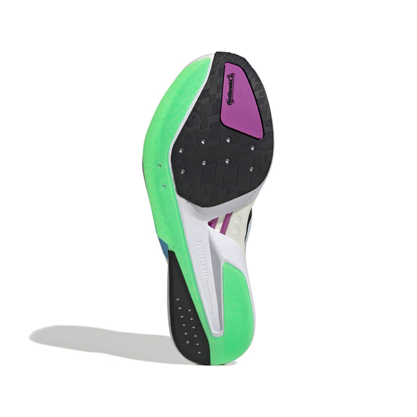 Billedet viser sålen på Adidas Adizero Boston 13, Herre (Cwhite/Cblack/Limbur) med grøn tå, sort hæl, hvid midterdel, lilla og sorte accenter, synligt Continental-branding og Lightstrike Pro-teknologi på en hvid baggrund.