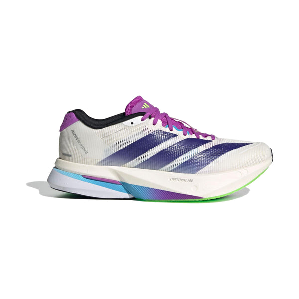 Adidas Adizero Boston 13, Dame i Cwhite/Cpurpl/Limbur er en elegant løbesko til kvinder i hvid med lilla detaljer, navy og grønne detaljer og en behagelig lavprofilgummisål, der er bygget til fart.