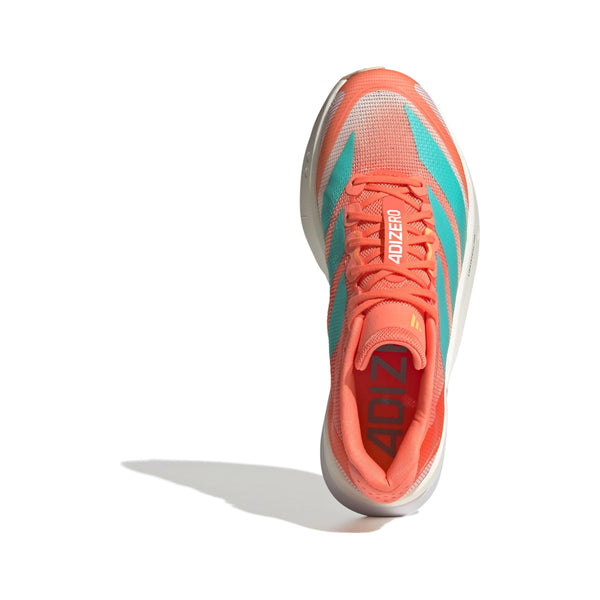 Et overheadbillede viser Adidas Adizero Boston 13 Dame løbesko (Semcor/Flaaqu/Flaora) på en hvid baggrund, der viser ADIZERO på tungen, Lightstrike Pro-støddæmpning og en skygge nederst til venstre.