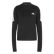 Adidas Adi365 Zip Long Sleeve Shirt til kvinder har et sort design med kvart lynlås foran, hvidt Adidas-logo på venstre bryst og tre hvide striber på hvert overærme. Baggrunden er almindelig hvid.