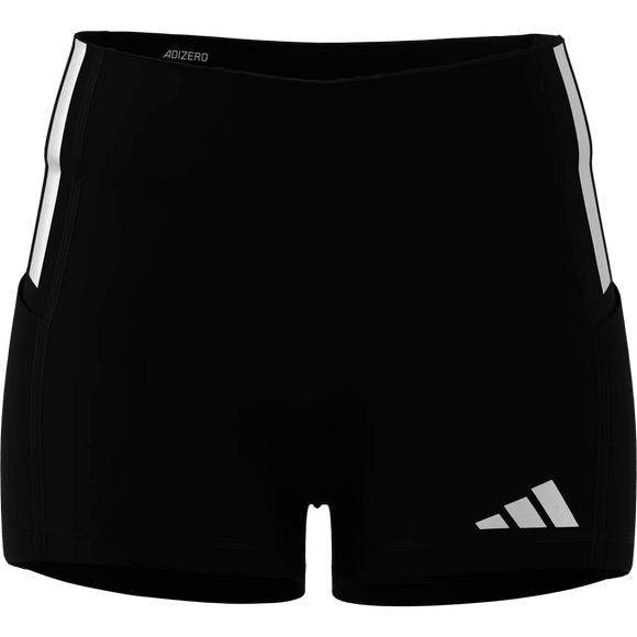Adidas Adizero Shorts Tights til kvinder i sort har en høj linning, hvide sidestriber og et lille hvidt Adidas-logo. Fremstillet af glat, svedtransporterende materiale, der giver en tætsiddende, præstationsklar pasform.