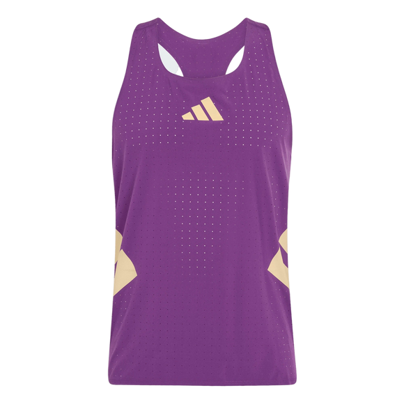 Adidas Rtr Singlet, Herre, Violet er en ærmeløs atletisk tank top i lilla med små perforeringer, geometriske mønstre på forsiden og et stiliseret lysegult logo.