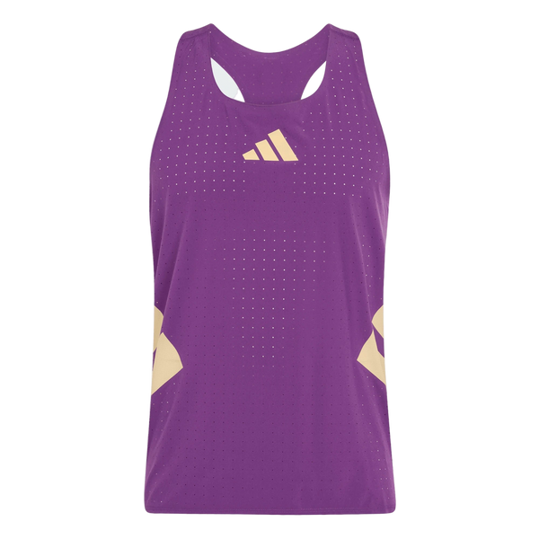 Adidas Rtr Singlet, Herre, Violet er en ærmeløs atletisk tank top i lilla med små perforeringer, geometriske mønstre på forsiden og et stiliseret lysegult logo.