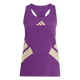 Adidas Rtr Tank, Dame, Violet er en ærmeløs atletisk top med beige diagonale accenter, et lille geometrisk brystlogo og åndbart perforeret stof, vist på en hvid baggrund.