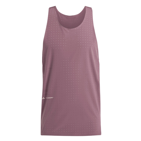 Adidas Adi365 Hk Singlet til mænd i farven Shafig mauve er en ærmeløs sportstank med små perforeringer og et hvidt logo nederst i venstre side, vist på en almindelig hvid baggrund.