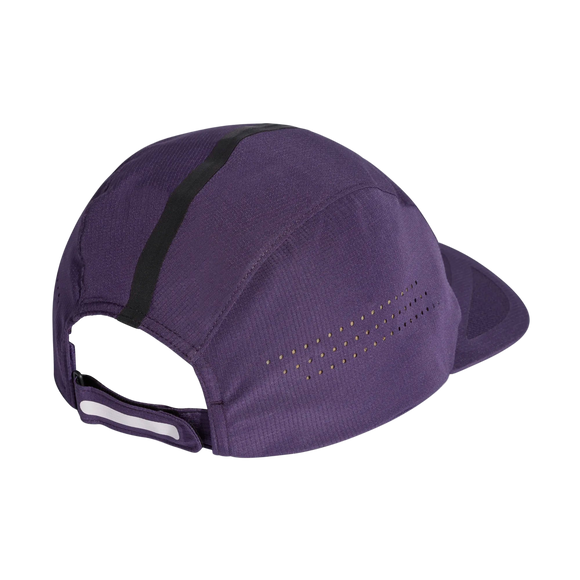 Adidas Runxadiz Cap i aurplu/hvid ses bagfra og fra siden og har en sort stribe, små CLIMACOOL-ventilationshuller og en justerbar strop med refleksstribe. Velegnet til unisex-brug.