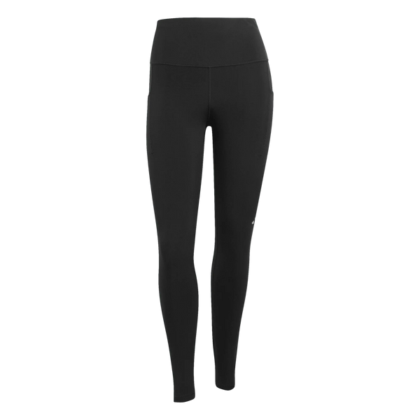 Adidas Adi365 3S 1/1 Leggings til kvinder er sorte, højtaljede, hellange sportsleggings med sidelommer, et tætsiddende design og et lille logo øverst på venstre ben. Vises på en hvid baggrund.