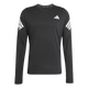 Adidas Adi365 Long Sleeve Shirt til mænd har et sort design med hvide skulderstriber og et hvidt geometrisk logo på venstre bryst, vist mod en almindelig hvid baggrund.