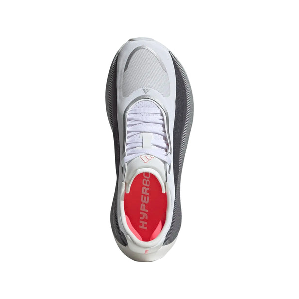 Oversigtsbillede af et par hvide og grå Adidas Hyperboost Edge, Dame, Ftwwht/Auon/Soltur løbesko med en rød indersål mærket HYPERBOX, fremstillet af mesh og syntetiske materialer og designet med en afrundet tå for optimal komfort.